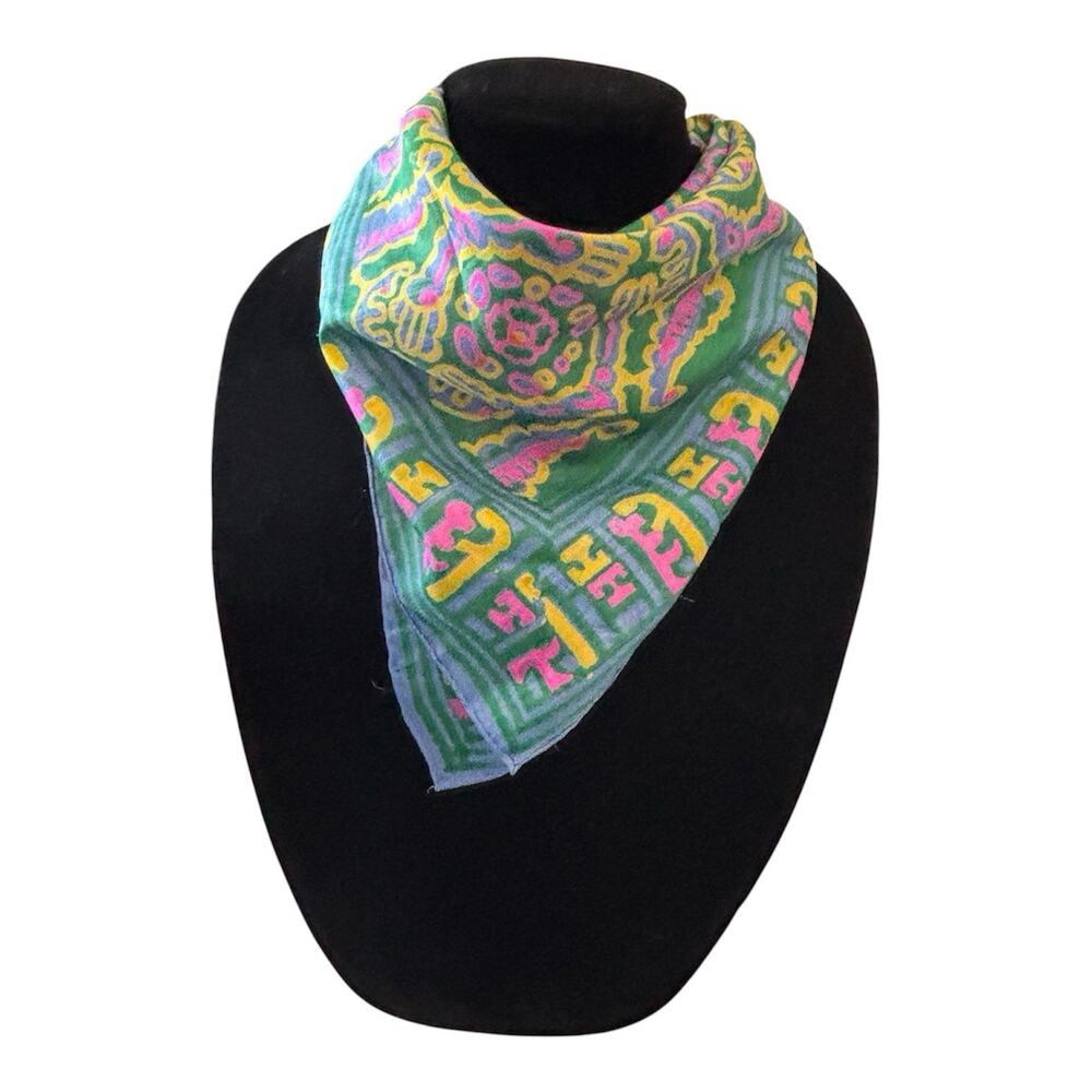 Ethnic Silk Scarf Green Pink Blue Yellow Abstract Aztec Incan Print Square 21” - Picture 4 of 4